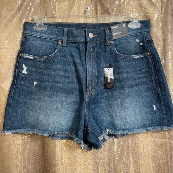 Express Super High Waisted Dark Wash Mom Jean Shorts Size 10 NWT - Picture 1 of 8